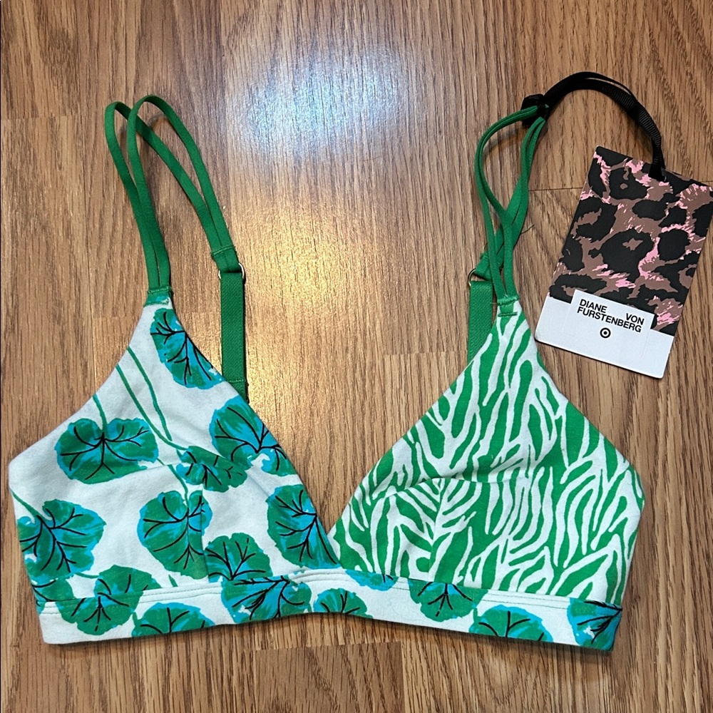 NWT Diane Von Furstenberg Leaf Print Bra in Green and White